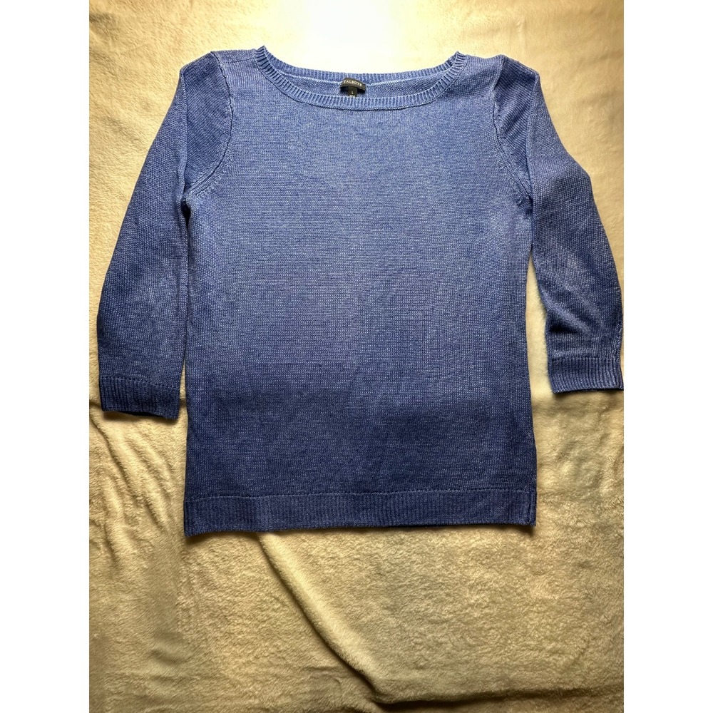 Talbots 100% Linen Boat Neck Sweater Blue Marl 3/4 Sleeve Top Large CN151 - 25